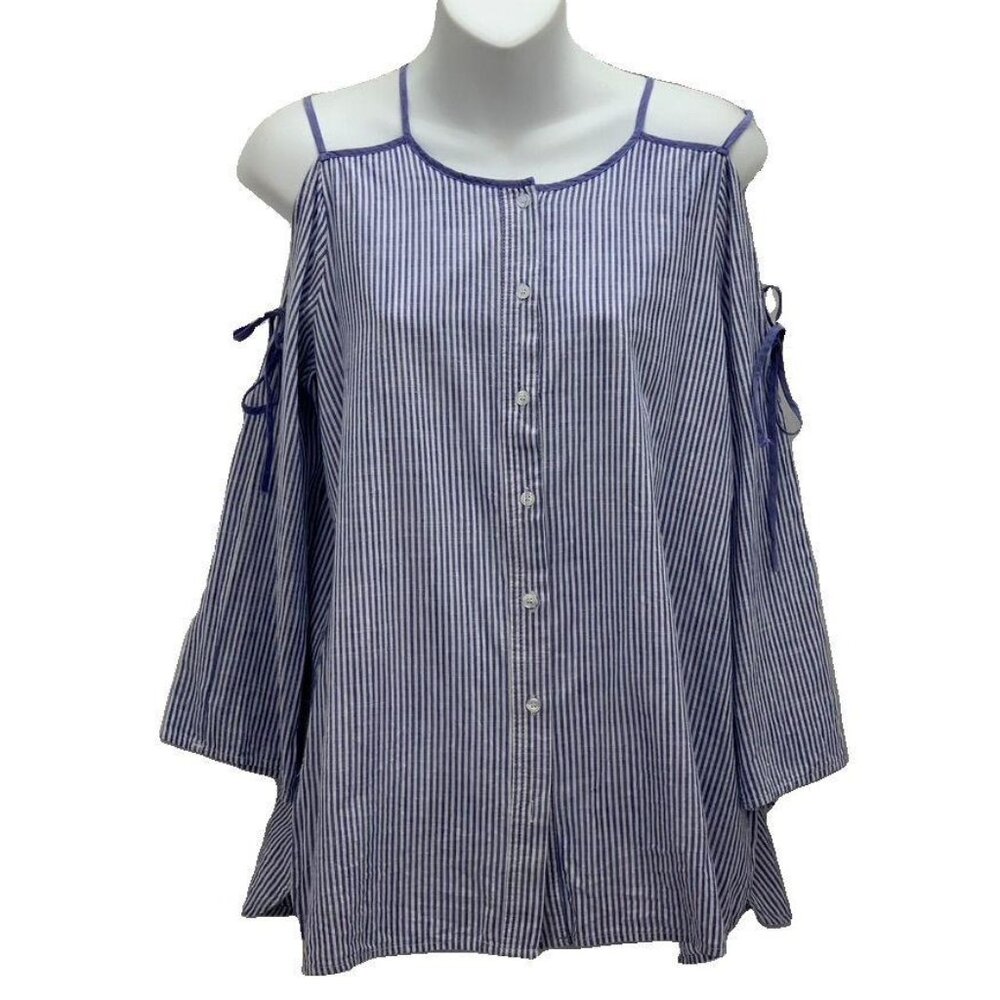 Blue & White Striped Cold Shoulder Top By Very J Size S 100% Cotton